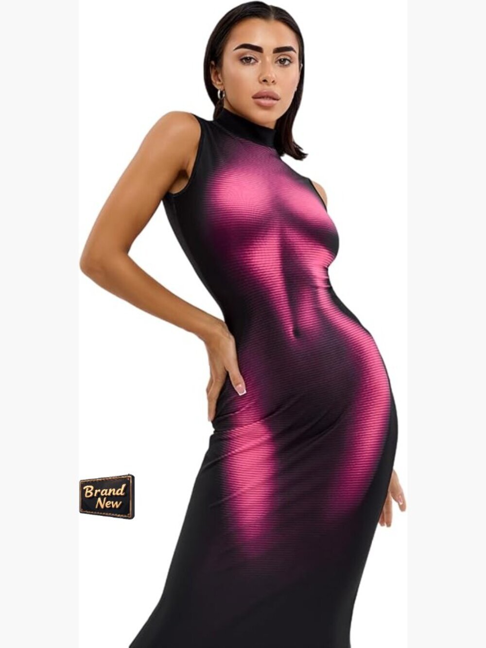 Casual Summer Bodycon Maxi Dress Stretchy High Neck Cap Sleeve